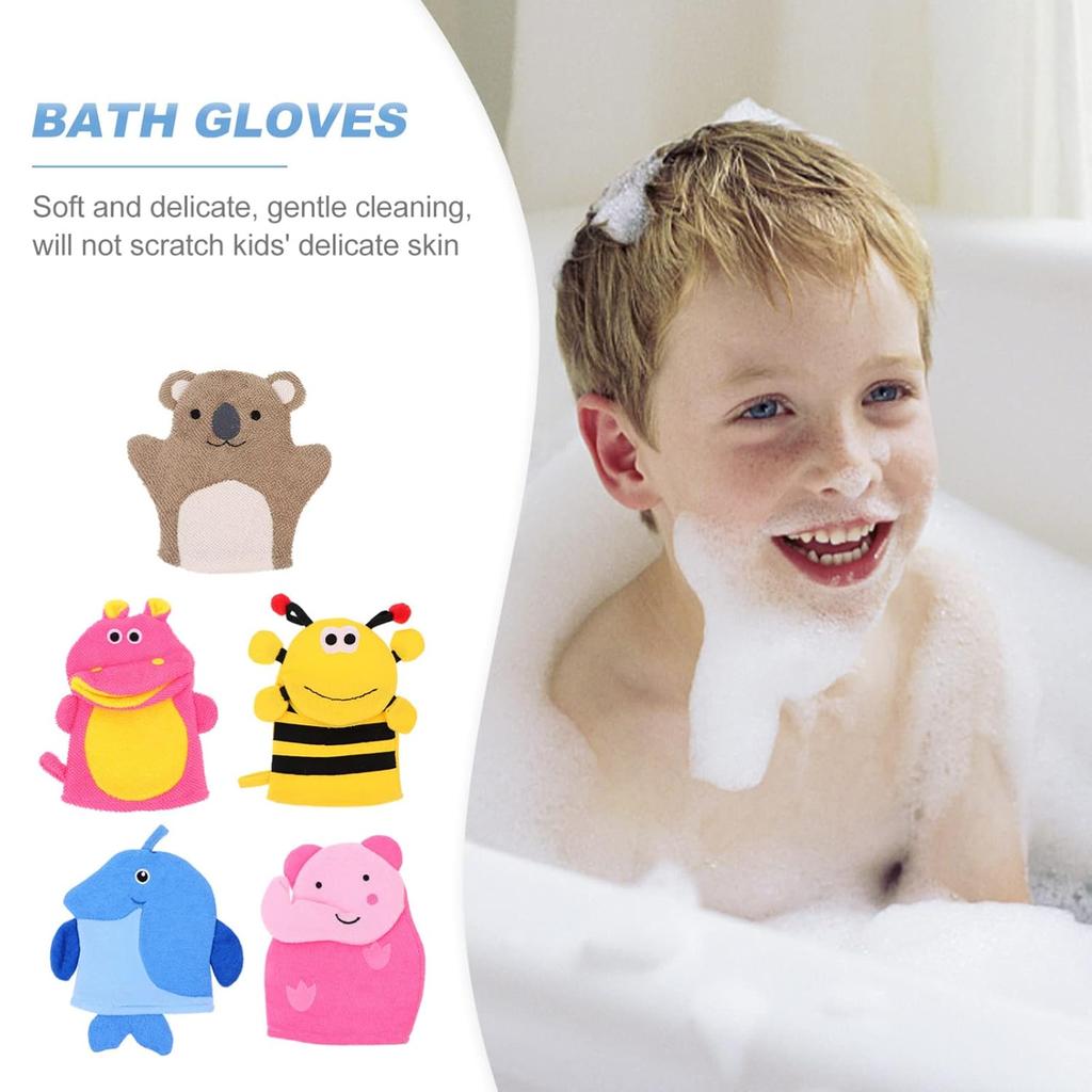 Kids Bath Mitts, 5 Pcs Cute Animal Washcloths Gloves, Bath Sponge Body Washcloth Mitt for Boys Girls Children Hand Bathing Shower