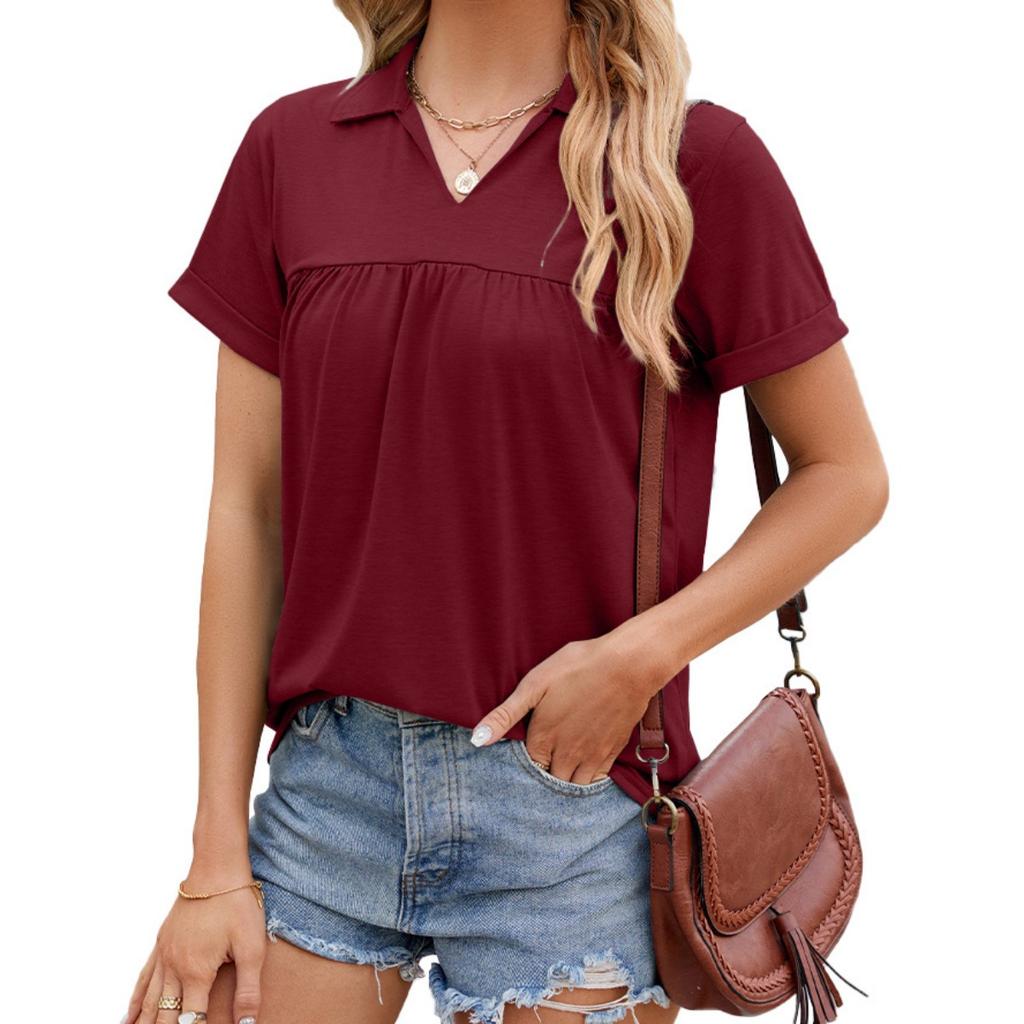 Summer Women's Solid Color Pleated Loose Short-sleeve Polo T-shirt Top, Cross-border European American Casual Apparel In Stock