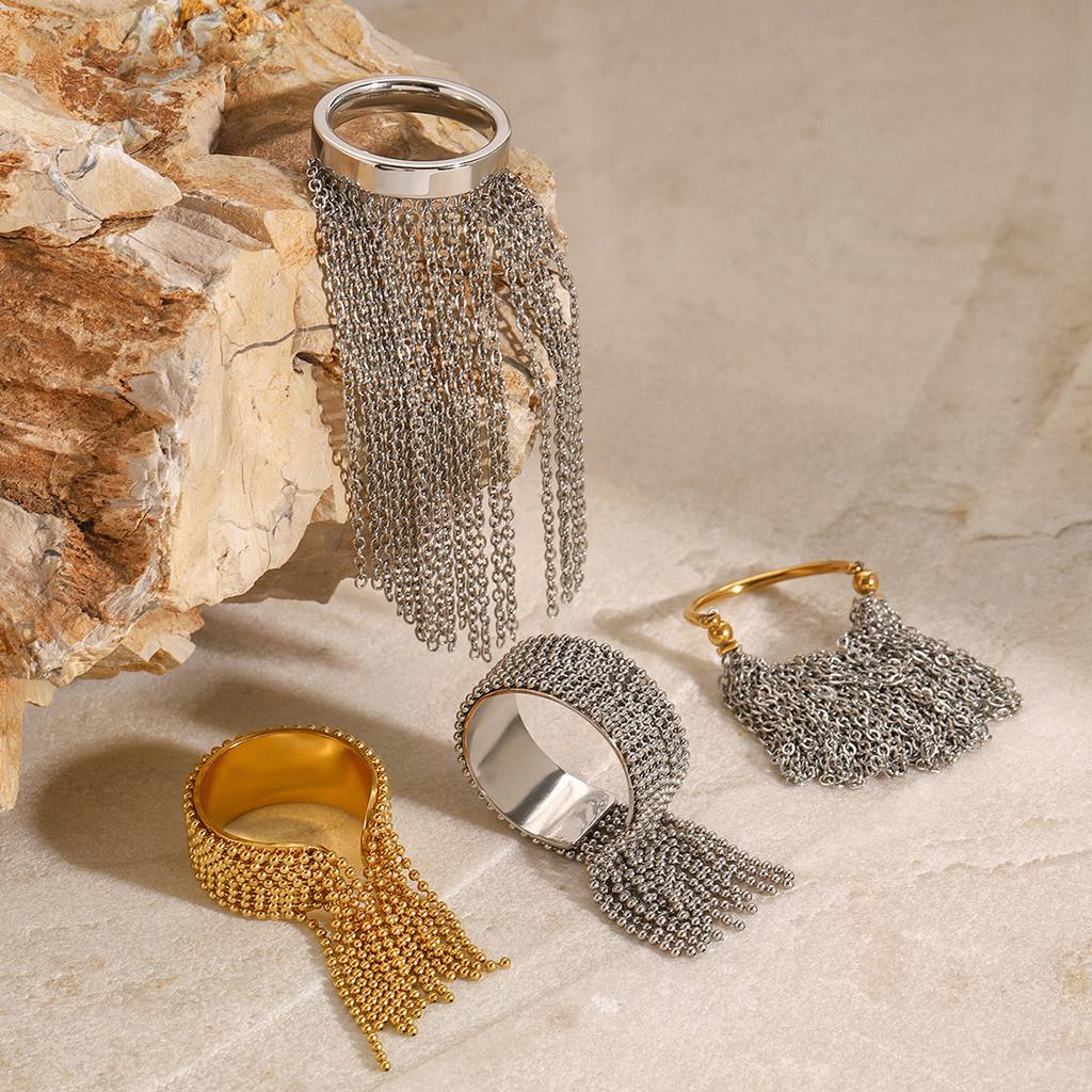 Trendy Stainless Geometric Steel Ring With Exquisite Tassel Detail For Women