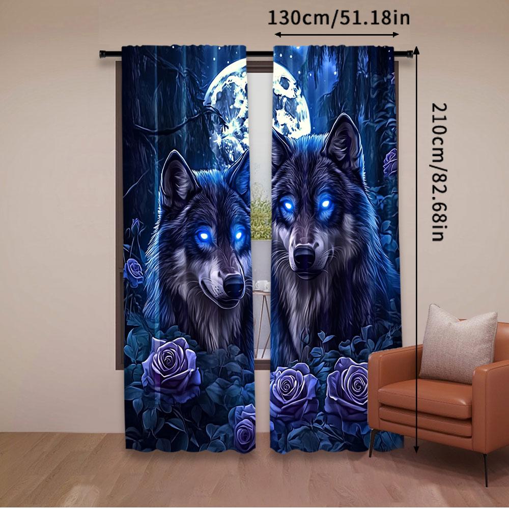 2Pcs Wolf With Rose In The Forest Under The Full Moon Print Curtains Suitable For Bedroom Bathroom Living Room Dining Room Study