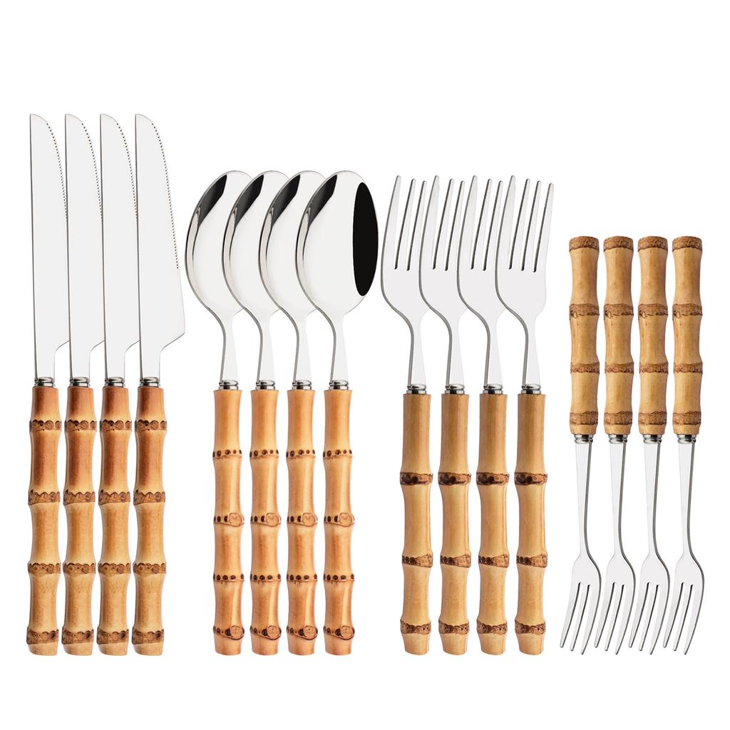 16-Piece Bamboo Handle Silverware Set Stainless Steel Flatware Set Include Spoons Forks Knives and Tea Forks, Cutlery Utensils Serves 4