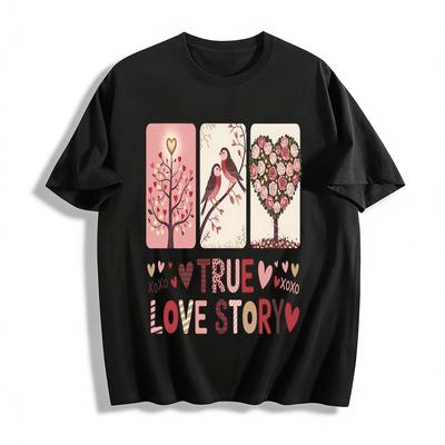 Prawdziwa Historia Miłosna Serce Ptak Nadruk Kwiatowy Swobodny Top dla Pary Czysta Bawełna T-shirt