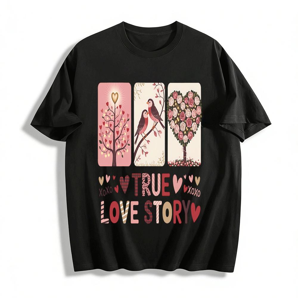 

True Love Story Heart Bird Floral Print Casual Couple Top Pure cotton T-shirt XXS