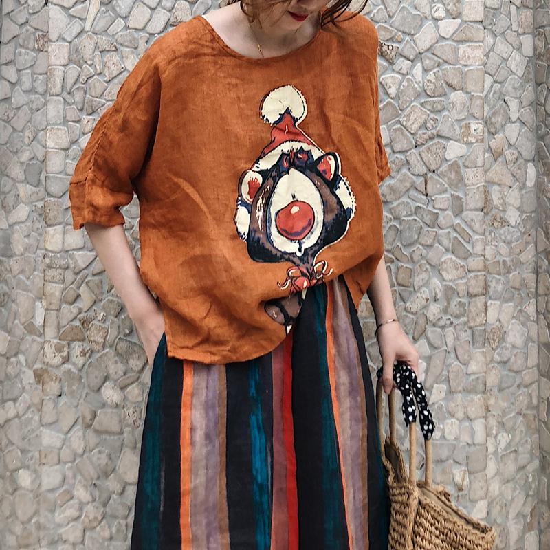 DIMANAF 2025 Women Summer Linen Bat T-shirt Shirt Printed Pattern Blouse Short Sleeve Fashion Tops Tees Loose Tees New