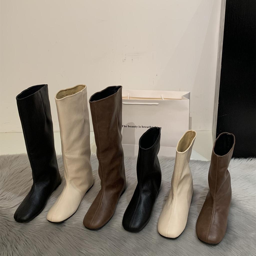 French Minimalist Sleeve Round Head High Boots New Flat Bottom Square Head Loose Knight Boots Women's Knee Boots