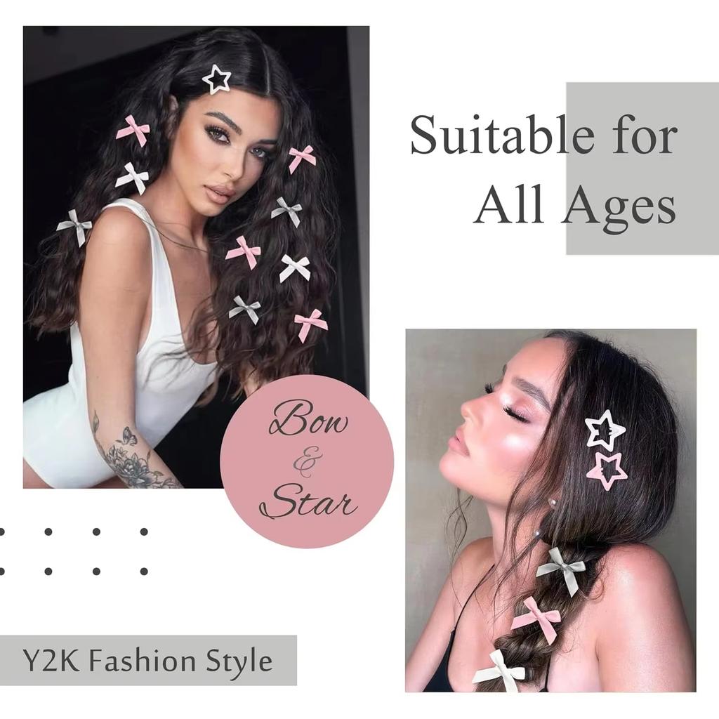 18 pcs BB Clip of hair for women and girls Y2K cute star clips style headband with long bow ribbon Clip for Hair accessories