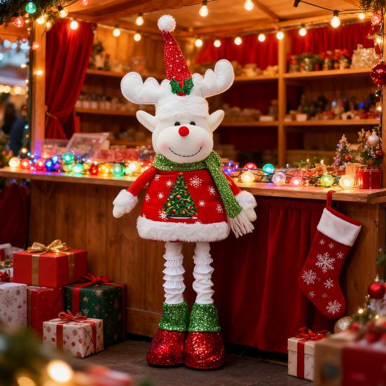 Christmas Doll Decoration Retractable Long Legs Plush Santa/Snowman/Reindeer Doll Toy Tabletop