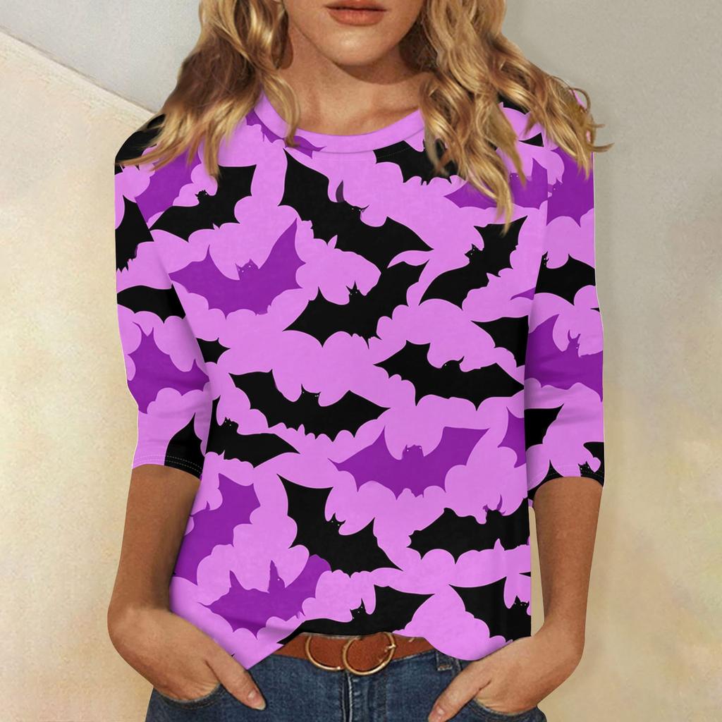 Damenmode Lässig Dreiviertelärmel Halloween-Print Rundhals-Top