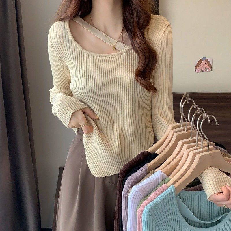 French Irregular Pure Desire Knitted Bottom Shirt for Women's Spring and Autumn Laydown Unique Short Collar Top