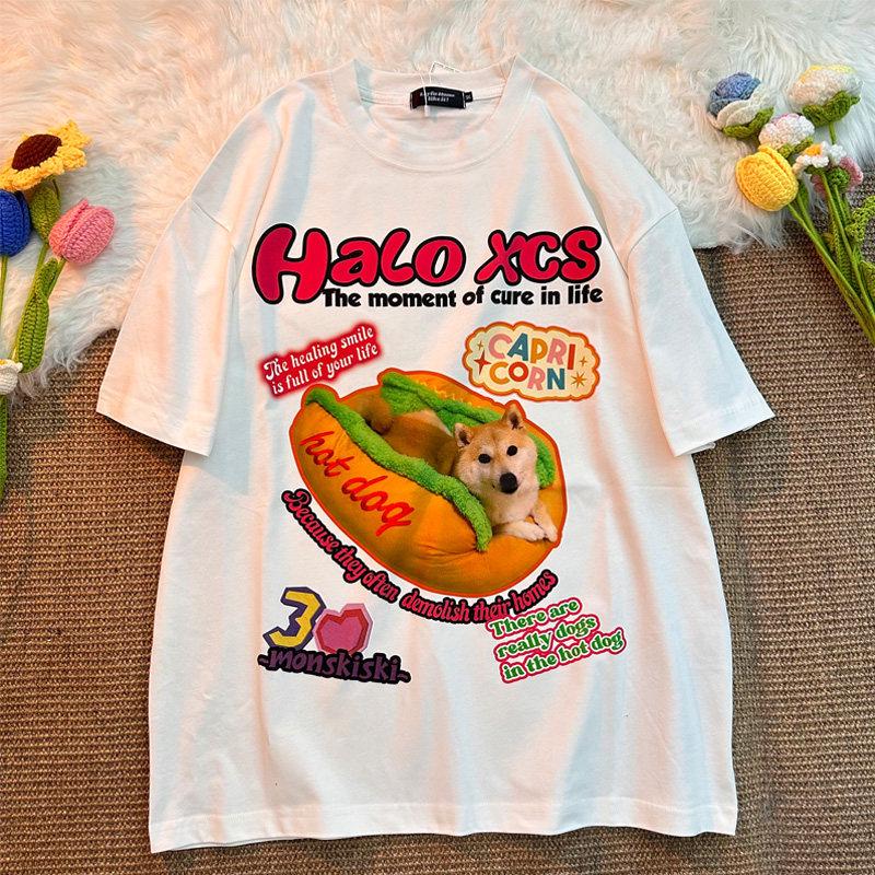 Unisex Retro Hot Dog Print Cotton T-Shirt - Plus Size, Trendy Loose Fit