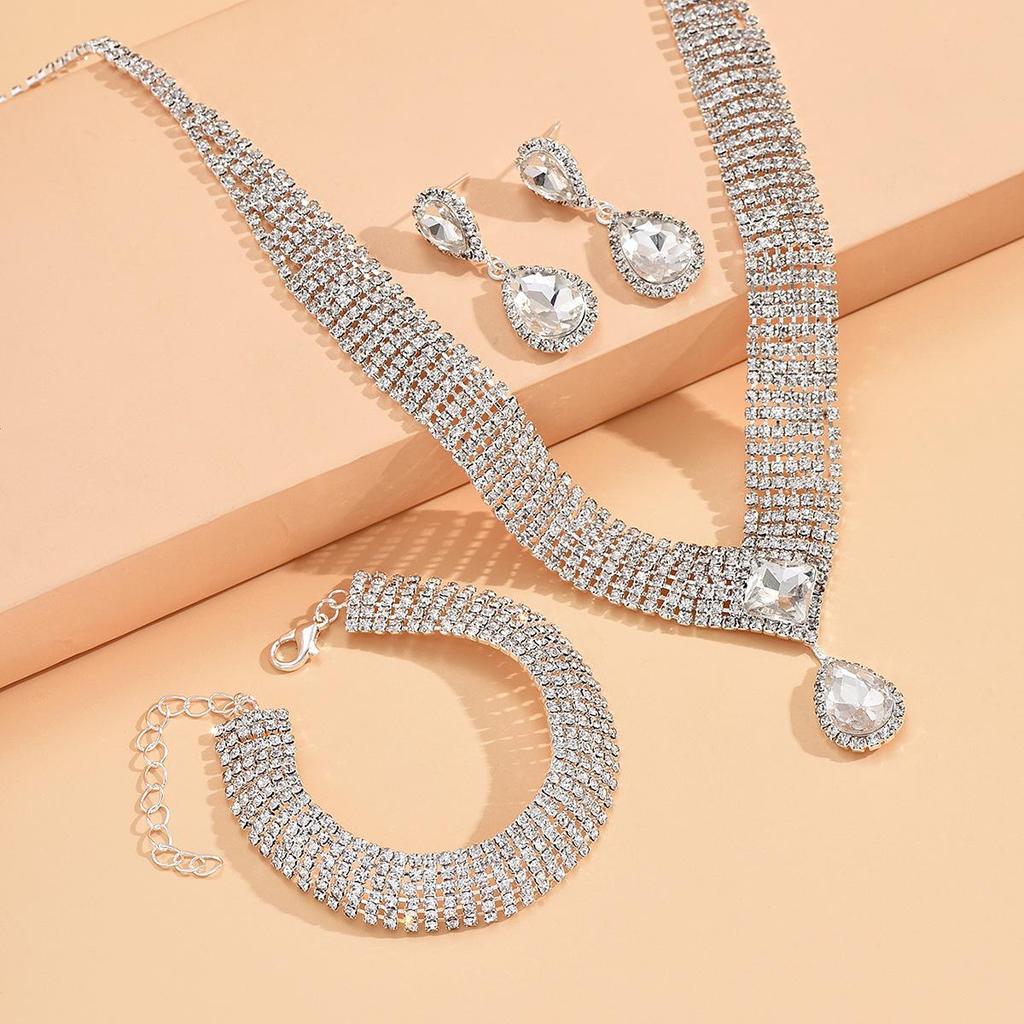 European-American Bridal Jewelry Set: Full Diamond Necklace, Earrings, Bracelet, Ring, Wedding Dress Accessories