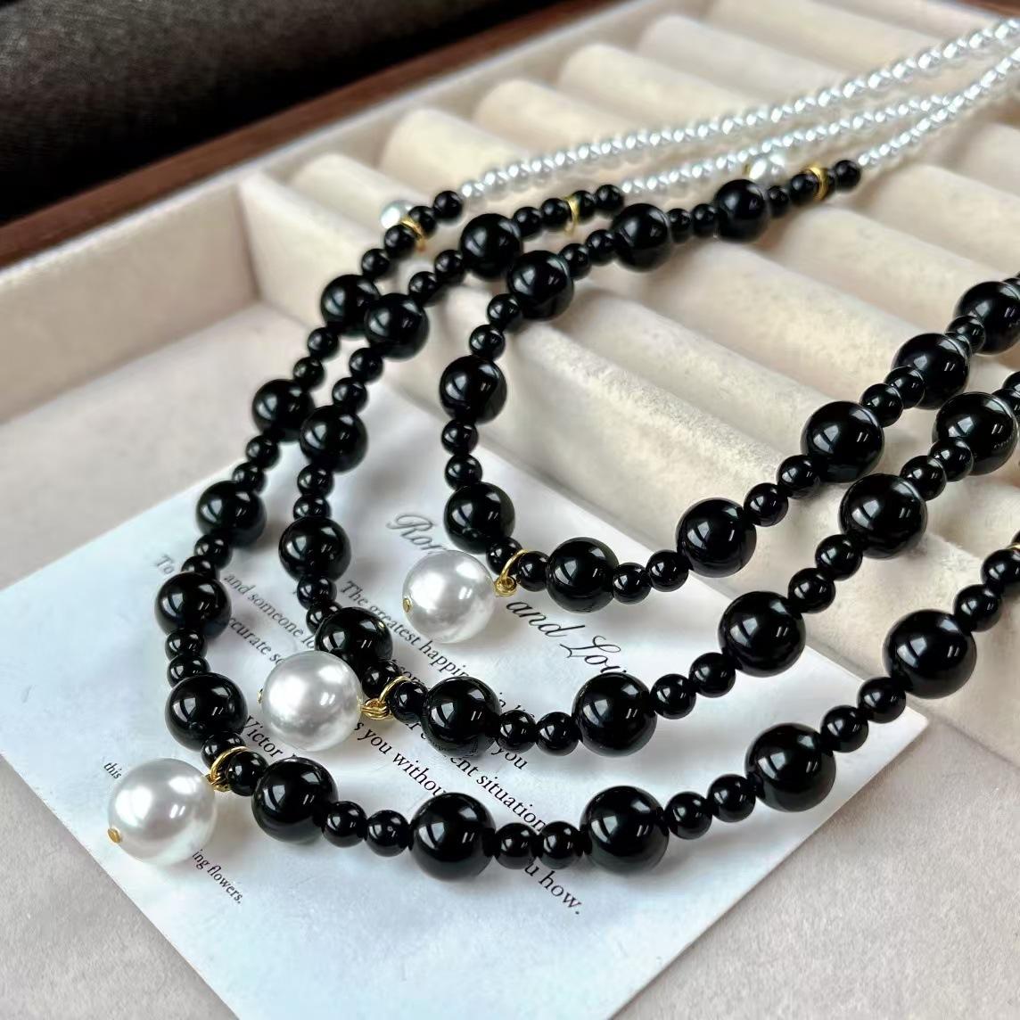 Vintage Niche Design Natural Black Agate Artificial Crystal Pearl Collarbone Chain Necklace