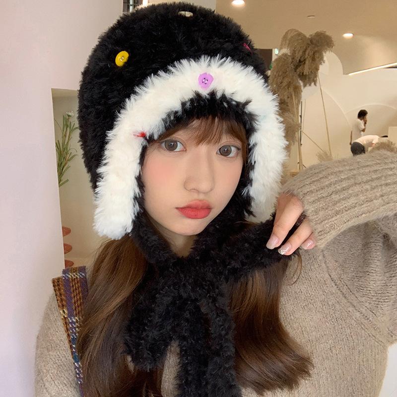 Versatile Button Plush Female Tide Thickened Warm Cute Face Small Wool Hat Knitted Hat