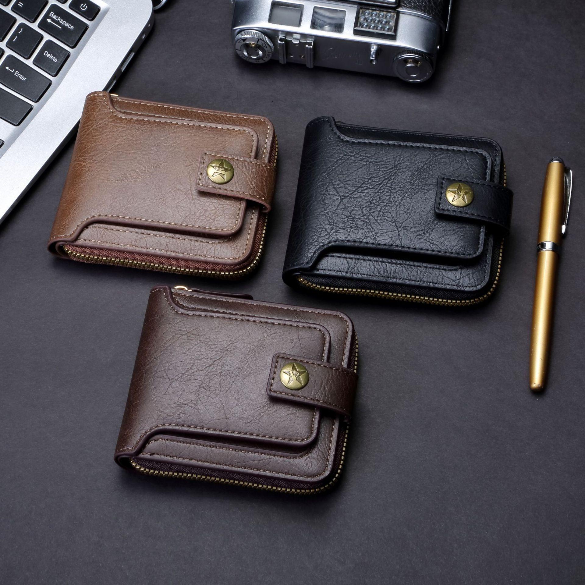 

Винтажный мужской маленький кошелек из искусственной кожи, короткий кошелек с горизонтальной молнией и пряжкой, карман для монет, тройной чехол для карт, кошелек