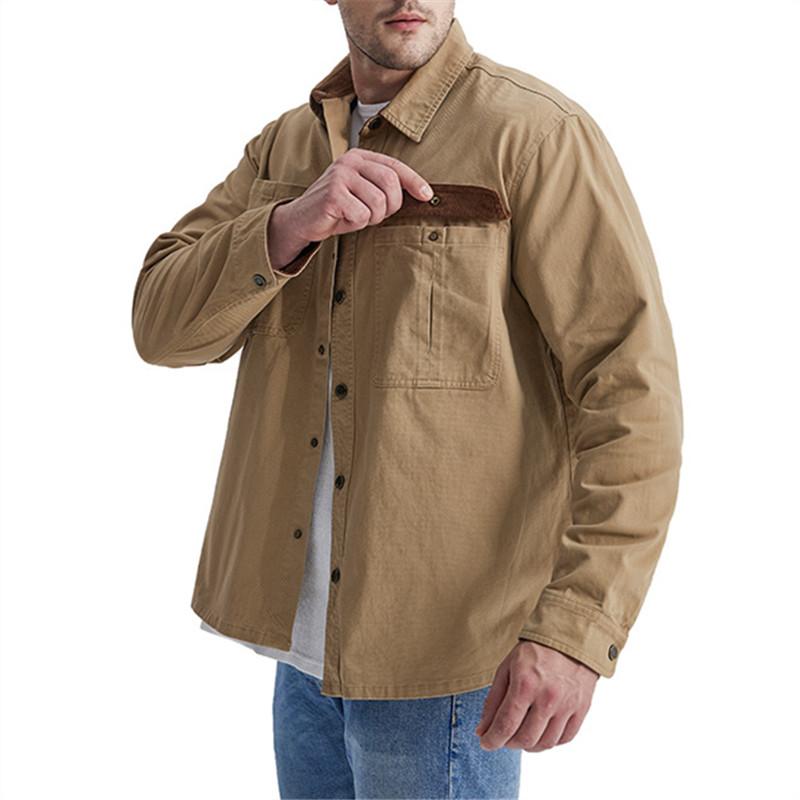 Men's Washed Cotton Casual Shirt Solid Color Lapel Long Sleeve Cargo Shirt for Men