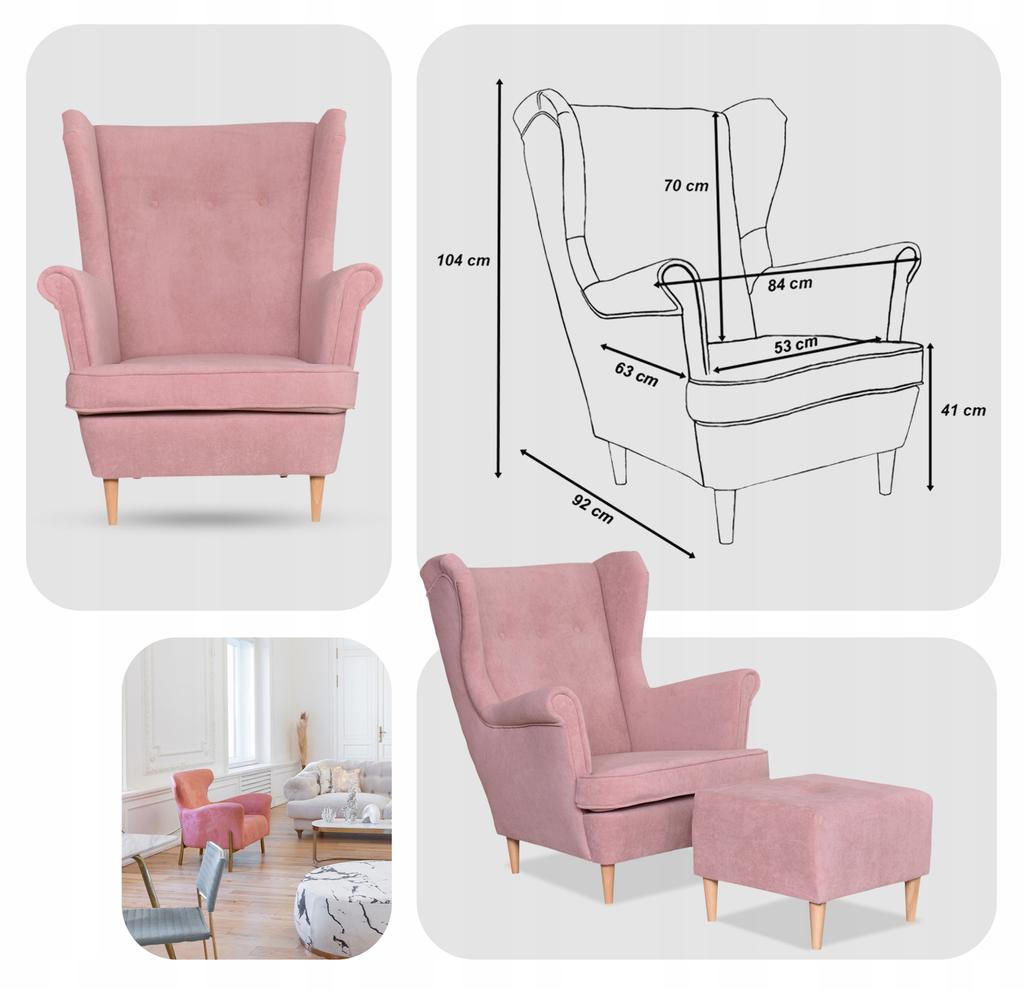 Fotel uszak z podnóżkiem skandynawski welur pudrowy Hunter Family Meble różowy