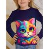 Spring and Autumn Round Neck 3D Cartoon Cat Printed Top Fashionable Casual Long Sleeved Children's Girl T-shirts