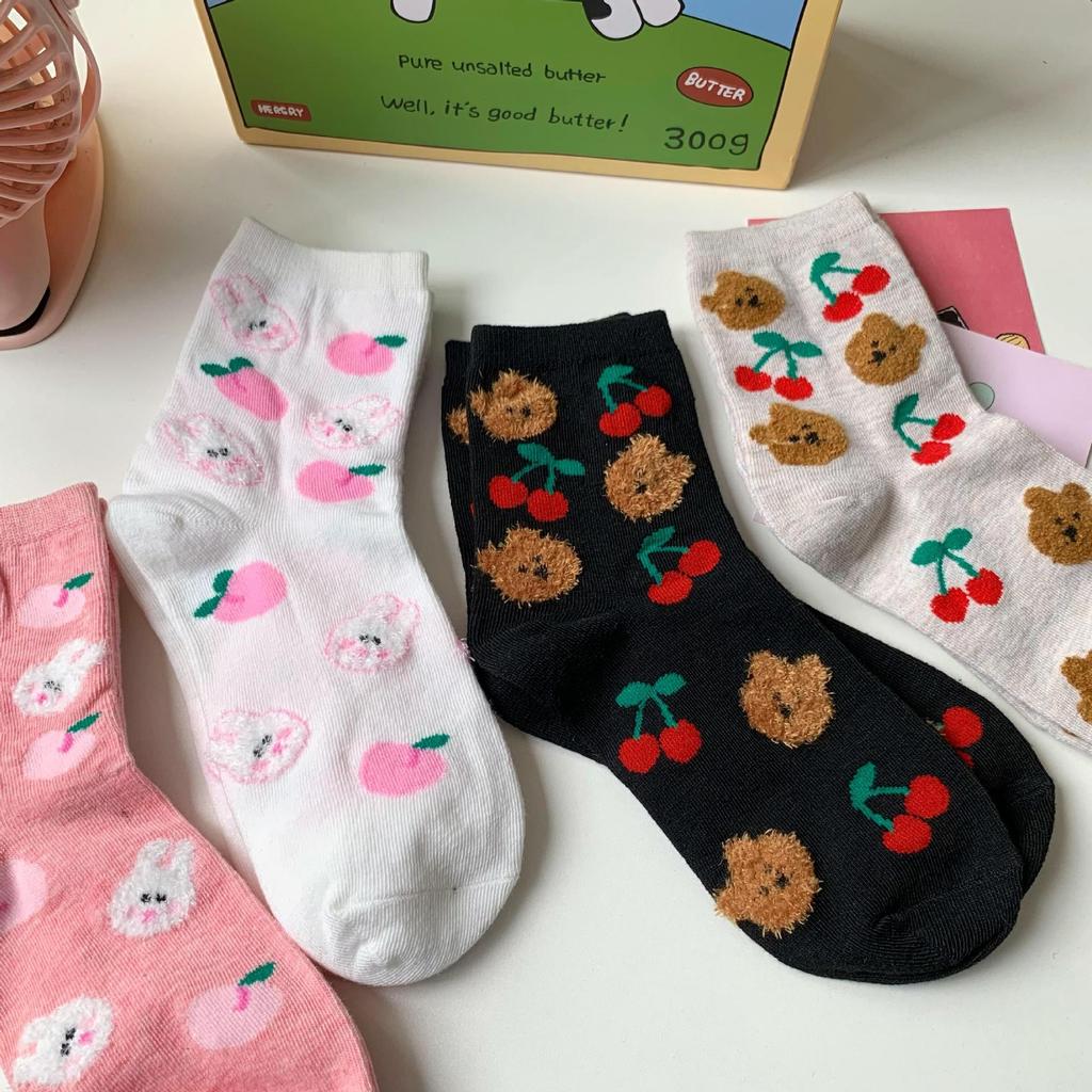 Happy Year Of The Rabbit Socks Bubble Cotton Cute Stacking Socks Little Rabbit Flower Cartoon Medium Tube Socks Cotton Socks Women