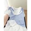 Faux Two Piece Blue Gingham Cami Top with Bow Straps White Basic Short Sleeve Layered Summer Tee