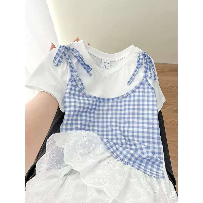 Faux Two Piece Blue Gingham Cami Top with Bow Straps White Basic Short Sleeve Layered Summer Tee