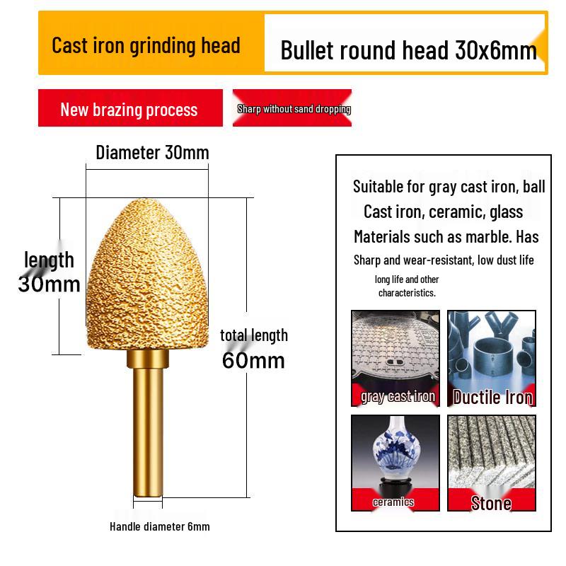 Diamond Brazed Carbide Grinding Head for Ductile Iron & Stone, Compatible with Electric Drills