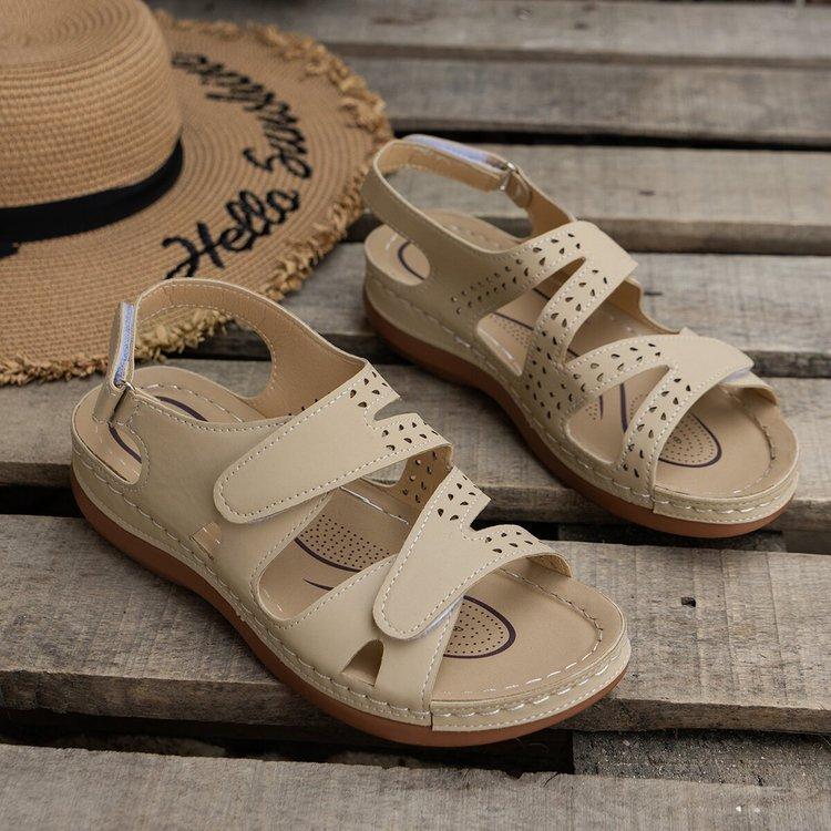 

Summer sandals thick-soled hollowed-out wedge heel Velcro solid color breathable open-toed women s sandals 43