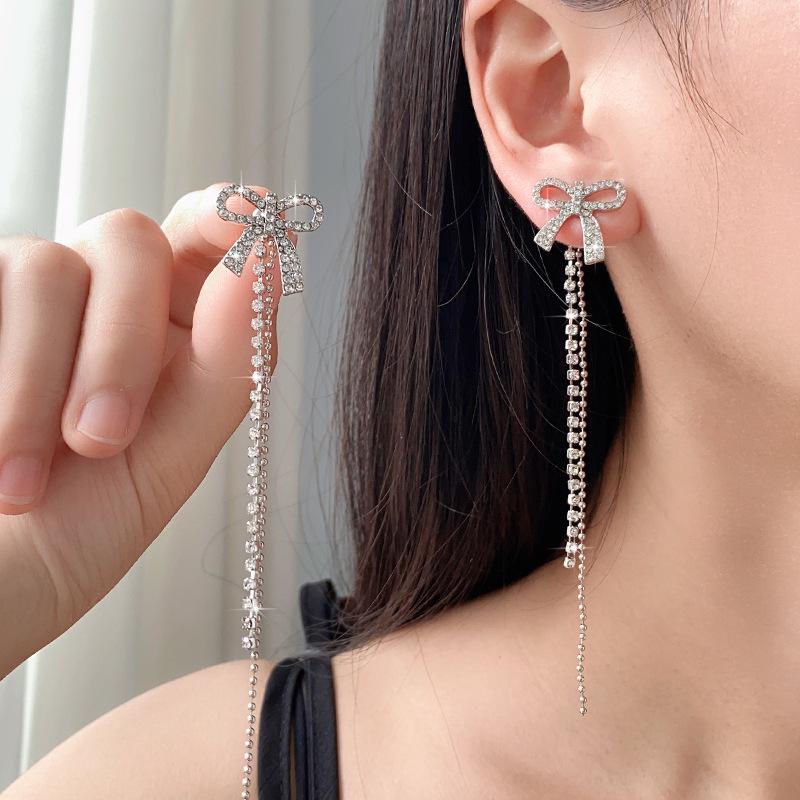 Korean Diamond Bow Tassel Long Earrings: Elegant, Simple, Versatile Fashion for Women