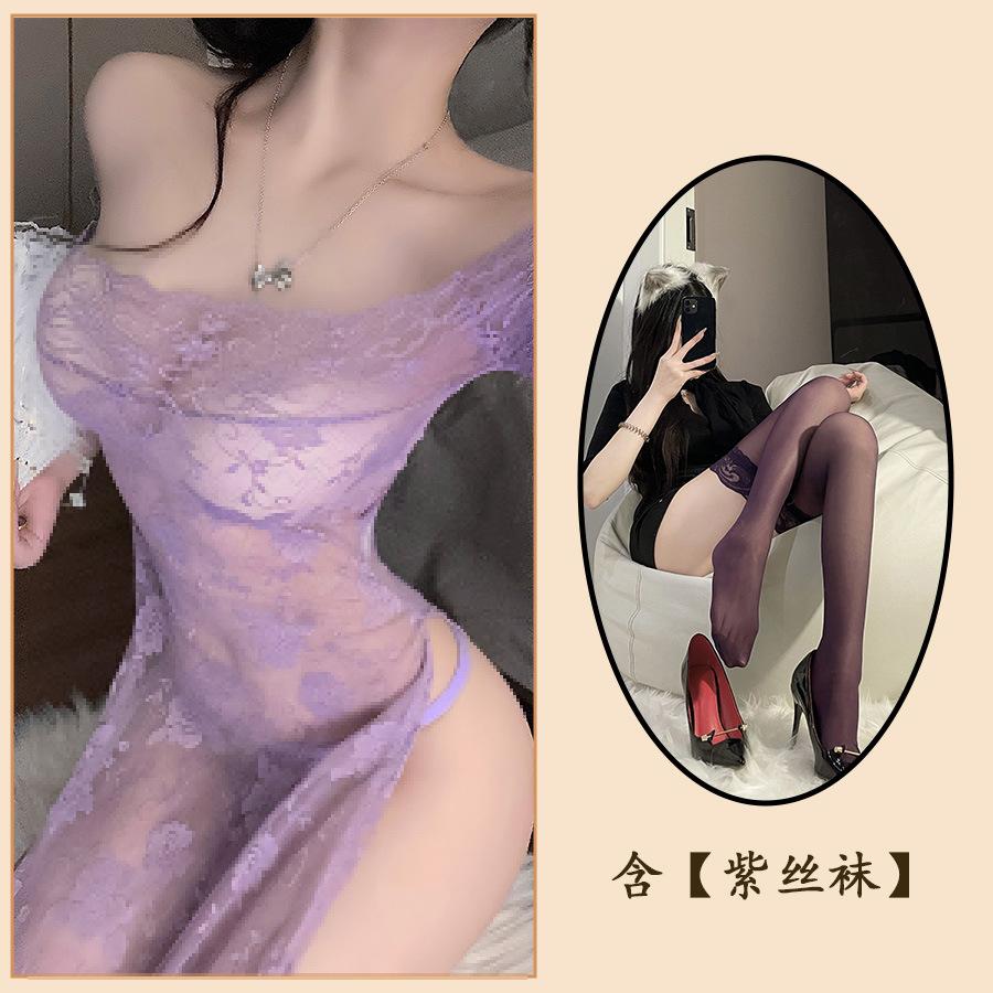 Sex Underwear One-word Collar Perspective Cheongsam Tube Top Sexy Lace Nightdress Sexy Pure Desire Nightdress Women