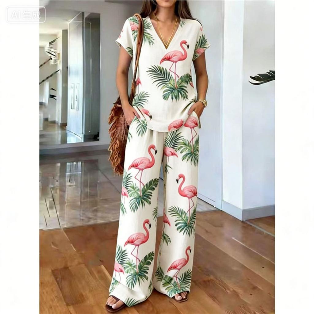 1116 new European and American casual style printing set full of pattern design high waist and wide leg pants two-piece set for women