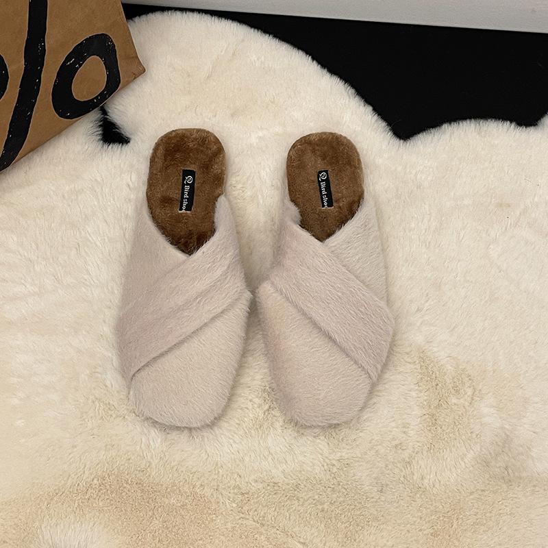 2025 autumn and winter new outer wear gentle fairy wind velvet bag head cotton slippers casual flat half slippers tide