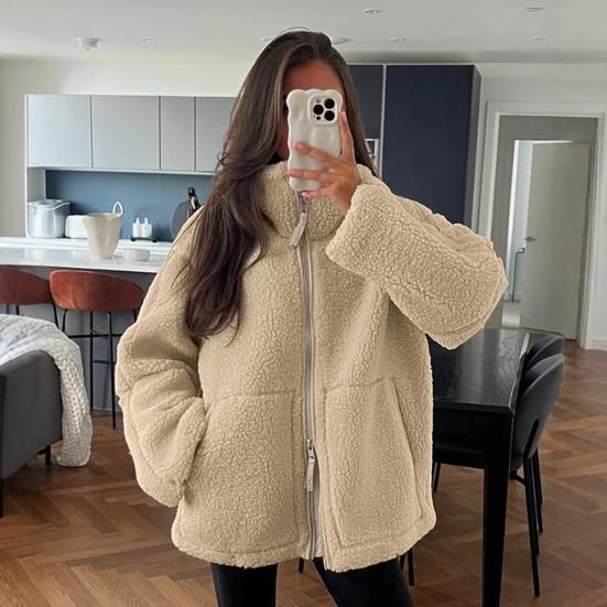 Women's Fleece Jacket Oversized Zip Up Stand Collar Fuzzy Sherpa Coat with Pockets Casual Winter Fall Outerwear