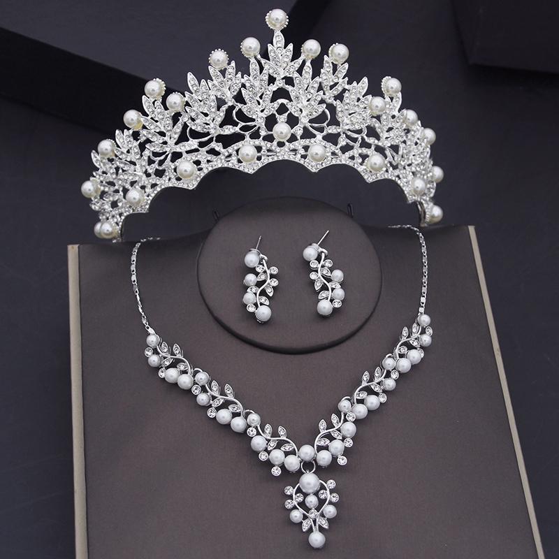Rhinestone Pearls Bridal Jewelry Sets for Women Tiaras Earrings Necklace Sets Wedding Crown Bride Jewelry Set Accessories