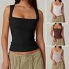 Summer Vest Women Solid Color Square Collar Slim Fit Tank Top Wide Shoulder Straps Breathable Vest Daily Wear