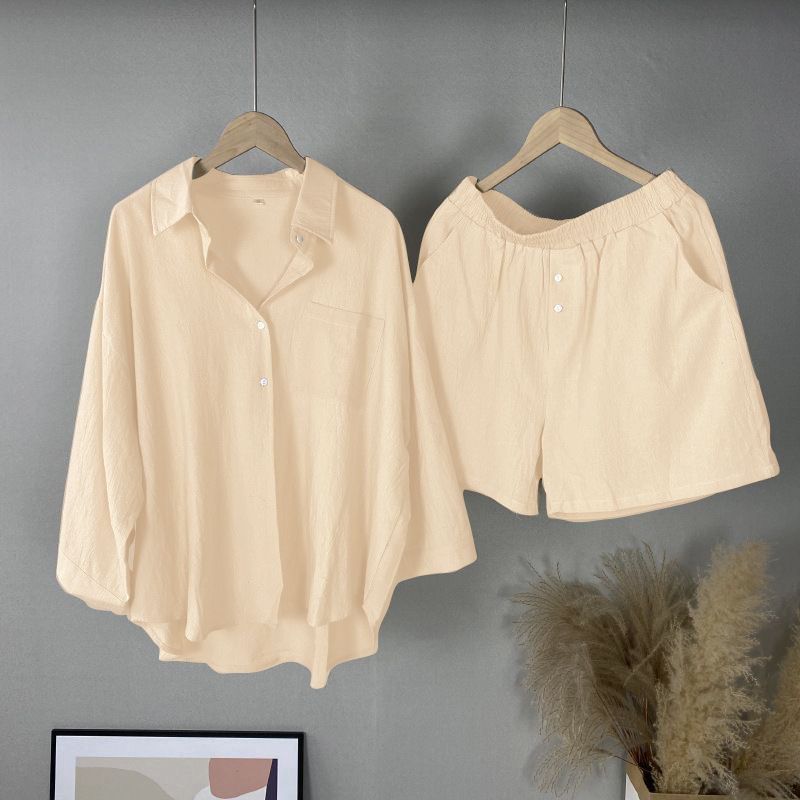 Summer Cotton and Linen Solid Color Shirt Two-piece Shorts Fashion Women's Suit