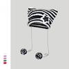 Winter Knitted Hat Cat Ear Design Plush Ball Decor Striped Print Windproof Warm Women Hat Cold Weather Headwear