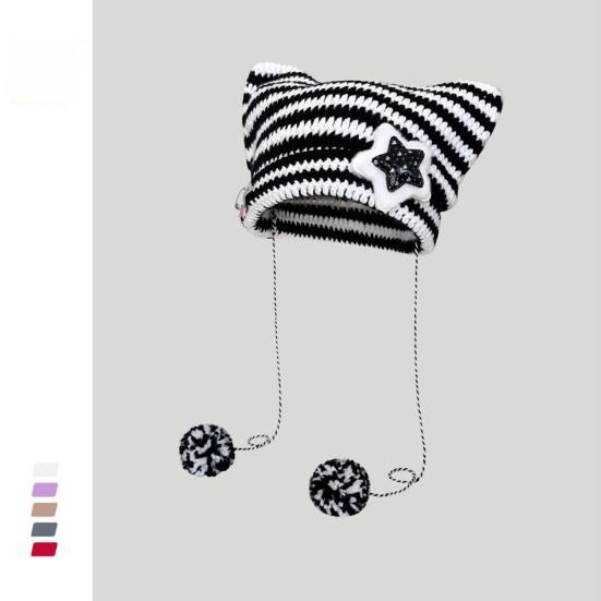 Winter Knitted Hat Cat Ear Design Plush Ball Decor Striped Print Windproof Warm Women Hat Cold Weather Headwear