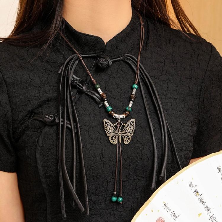 Beaded Butterfly Pendant Necklace Geometric Bead Clavicle Sweater Chain Jewelry