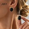 French Style Dangle Earrings 1 Pair Vintage Oval Stud for Women, Retro Statement Non Tarnish Alloy Gemstone Earrings, Gold Frame Chunky Stone Jewelry