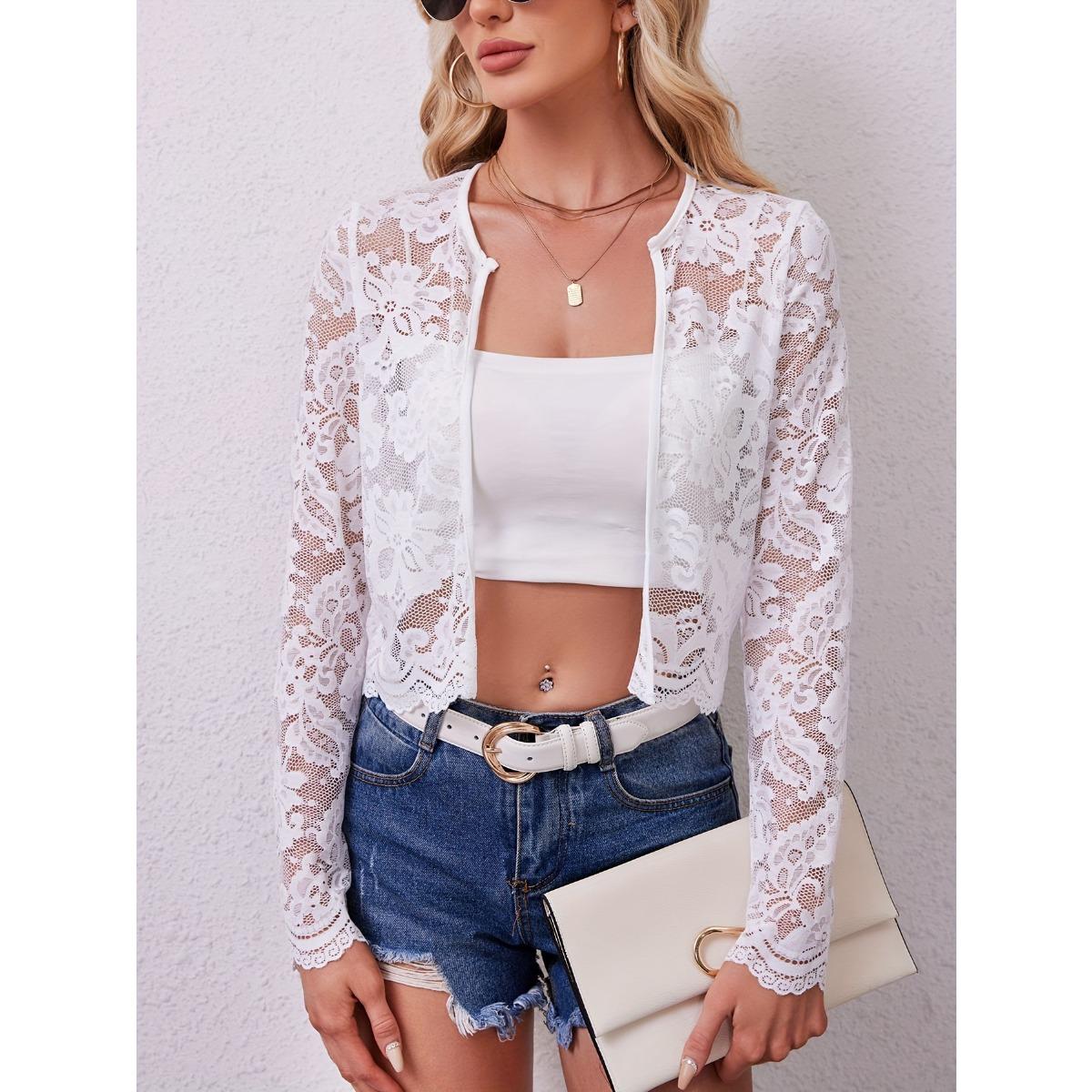 Women s Crew Neck Long Sleeve Lace Cardigan Loose Fit Elegant Sheer Floral Shrug Cover Up S белый