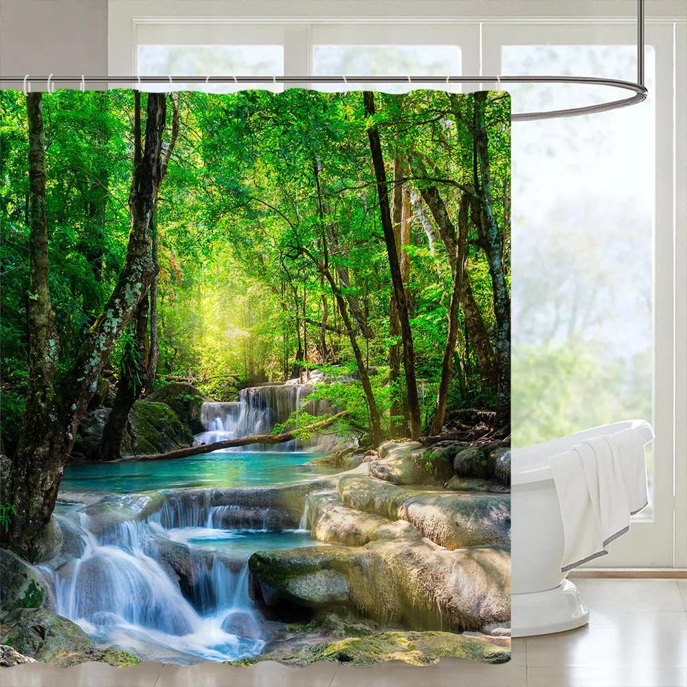 Tropical Forests Shower Curtain Aesthetic Woods Bird Fabric Bathroom Curtain Natural Scenery Home Decor Bathroom Accessories Set
