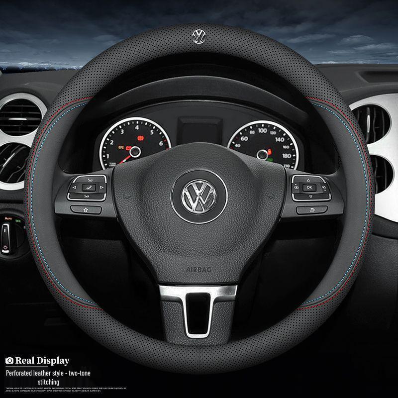 Volkswagen Steering Wheel Cover for Lavida, Bora, Sagitar, Magotan, Santana, Lamando, Tiguan L, Tayron - Four Seasons Genuine Leather.