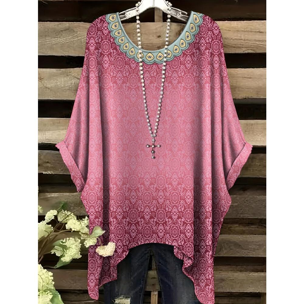 Summer Women's Bohemian Style Print T-Shirt Tops Fashion Striped Flower Graphic T-Shirt Casual Comfort Short Sleeve Y2k Clothes