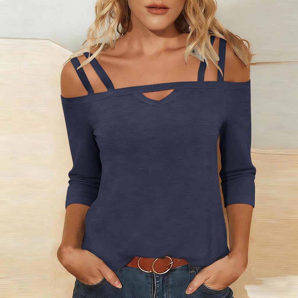 Womens Off Shoulder Top Short Sleeve Cut Out Detail Cross Strap Casual Blouse Summer Lightweight Knit Shirt