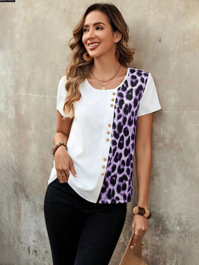 Leopard Print Round Neck Top: Elegant Short Sleeve T-shirt for Women, Casual Spring and Autumn Style 2025