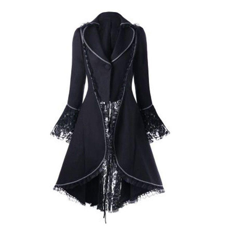 Women's Victorian Style Long Sleeve Coat Dress With Turn-down Collar And Button Opening Front