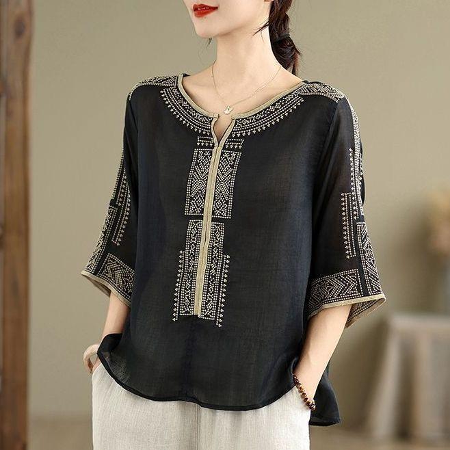 Mother's Summer T-shirt Tencel Linen Loose Casual Women's Blouse Solid Color Short-sleeved Bottoming Shirt