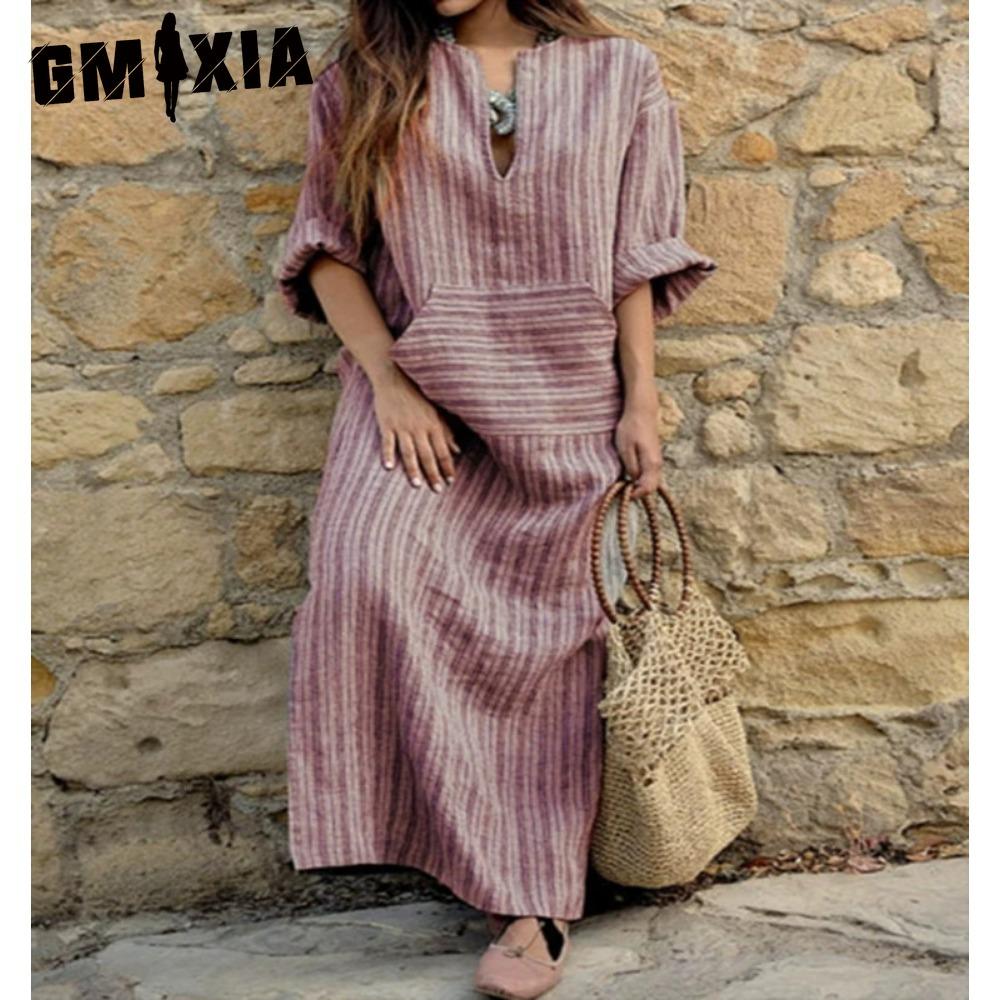 

GMXIA S-5XL Женская Весенне-Летняя Одежда Большого Размера Дамское Хлопково-Льняное Свободное Полосатое Длинное Платье с Карманами S красный