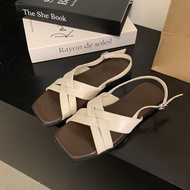 French Vintage Versatile Cross with Open-toed Flat Sandals Women's Summer 2025 New Seaside Beach Roman Shoes
