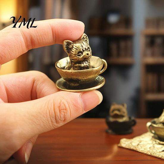 Handcrafted Metal Cat Figurines Miniature Teacup Statue, Cute Brass Dog Figurine, Handmade Alloy Animal Decor Collectable for DIY Craft, Tabletop