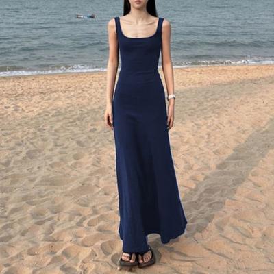 Damenbekleidung Elegant Marineblau Sexy Einfarbig Ärmellos Slipkleid Sommer Innen Langrock Französischer Stil Bleistiftkleider